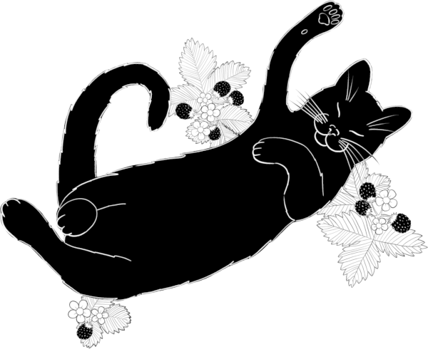 Black and white illustration of a happy black cat laying on its back with one front paw stretched out as if it's waving surrounded by wild strawberry plants by Mervi Emilia Eskelinen