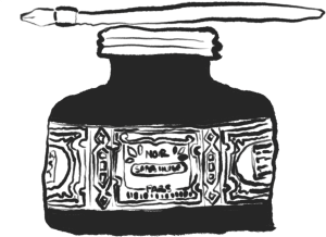 An ink like doodle of an old fashioned ink bottle with an ink pen on resting on top of it