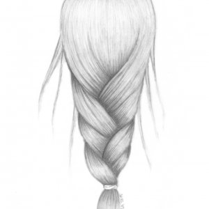 Braid 4, detailed pencil drawing of a slightly loose braid with flyaway hairs by Mervi Emilia Eskelinen