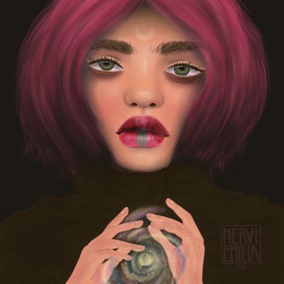 Creator, digital painting of a mysterious person with purple pink bob hair, green eyes, green stripe on lower lip and a crescent moon on their forhead creating a shiny universe between their hands by Mervi Emilia Eskelinen