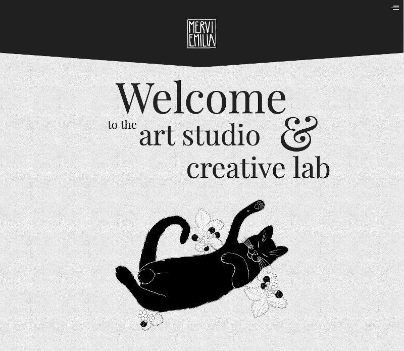 Screenshot of the top part of starting page/front page of new merviemilia.com featuring the Summer Cat illustration horizontal