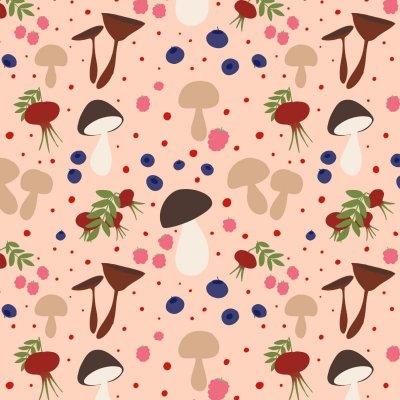 Illustrated repeat pattern of blueberries, raspberries, lingonberries, rosehips and some mushrooms a soft pink background by Mervi Emilia Eskelinen