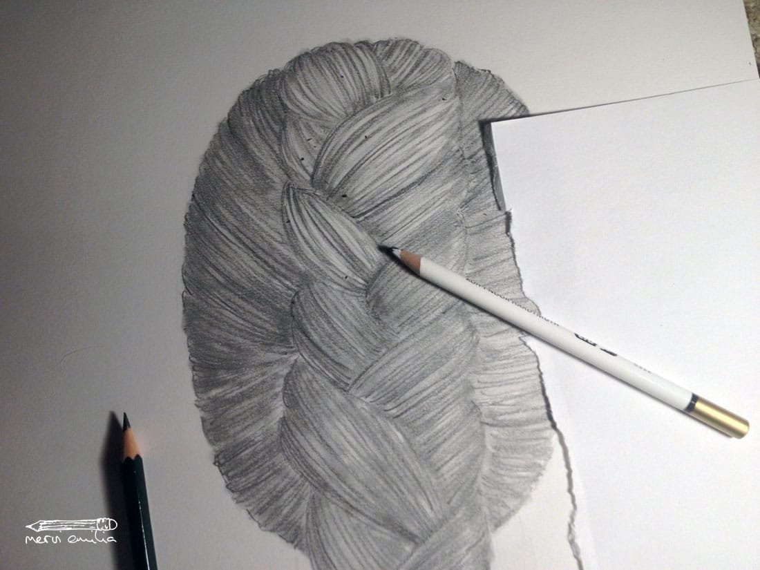 How to draw a braid: Erasing highlights -- Mervi Emilia