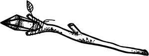 Line illustration of a magic wand made by attaching a crystal to a branch, which still has a little leaf on it, with a tread by Mervi Emilia Eskelinen