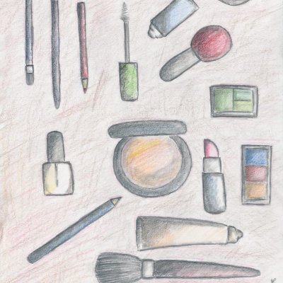 Make-Up, coloured pencil illustration of multiple make-up items and tools on a light brown background by Mervi Emilia Eskelinen