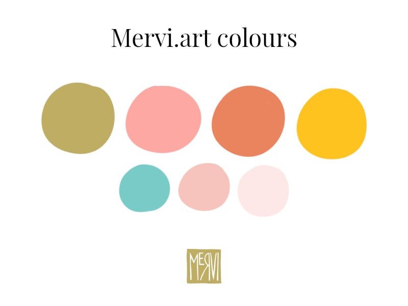 A Mervi.art colour sheet with text "Mervi.art colours" on top in black Playfair Display font, and then a line of hand drawn colour blobs, a muted green, a soft pink, a soft orange, a simple yellow, another line of smaller colour blobs, a muted teal, a lighter pink and almost white pink, and the Mervi logo in green