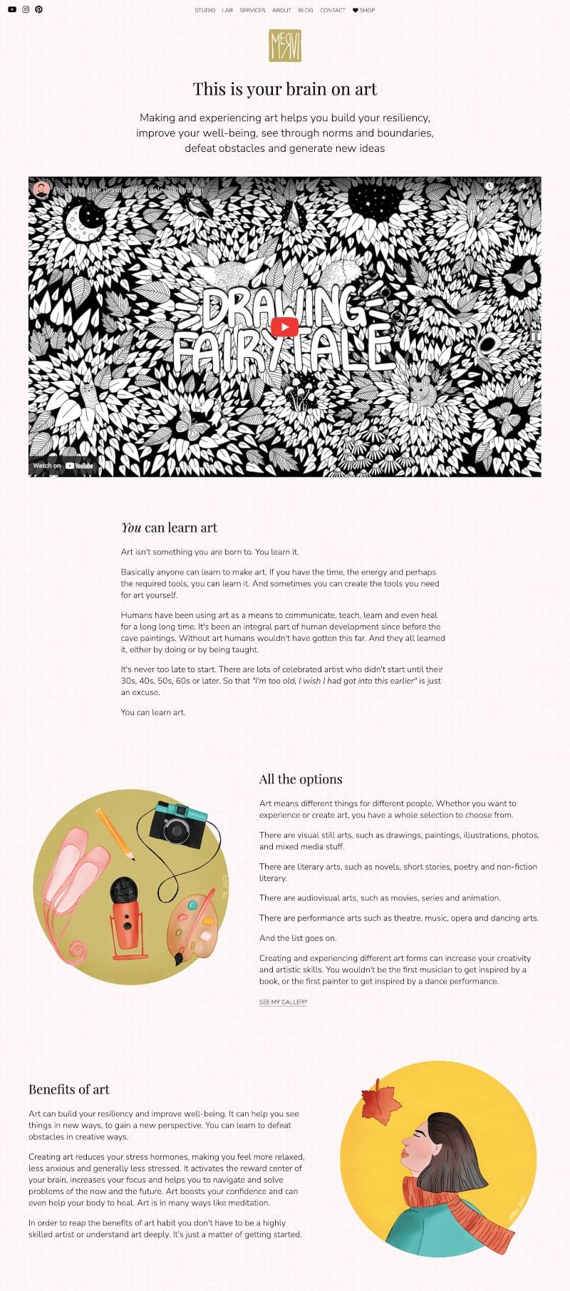A screenshot of the new page, titled This is your brain on art featuring text, a YouTube video, an illustration of various art tools and another of a feminine person with bob haircut enjoying autumn