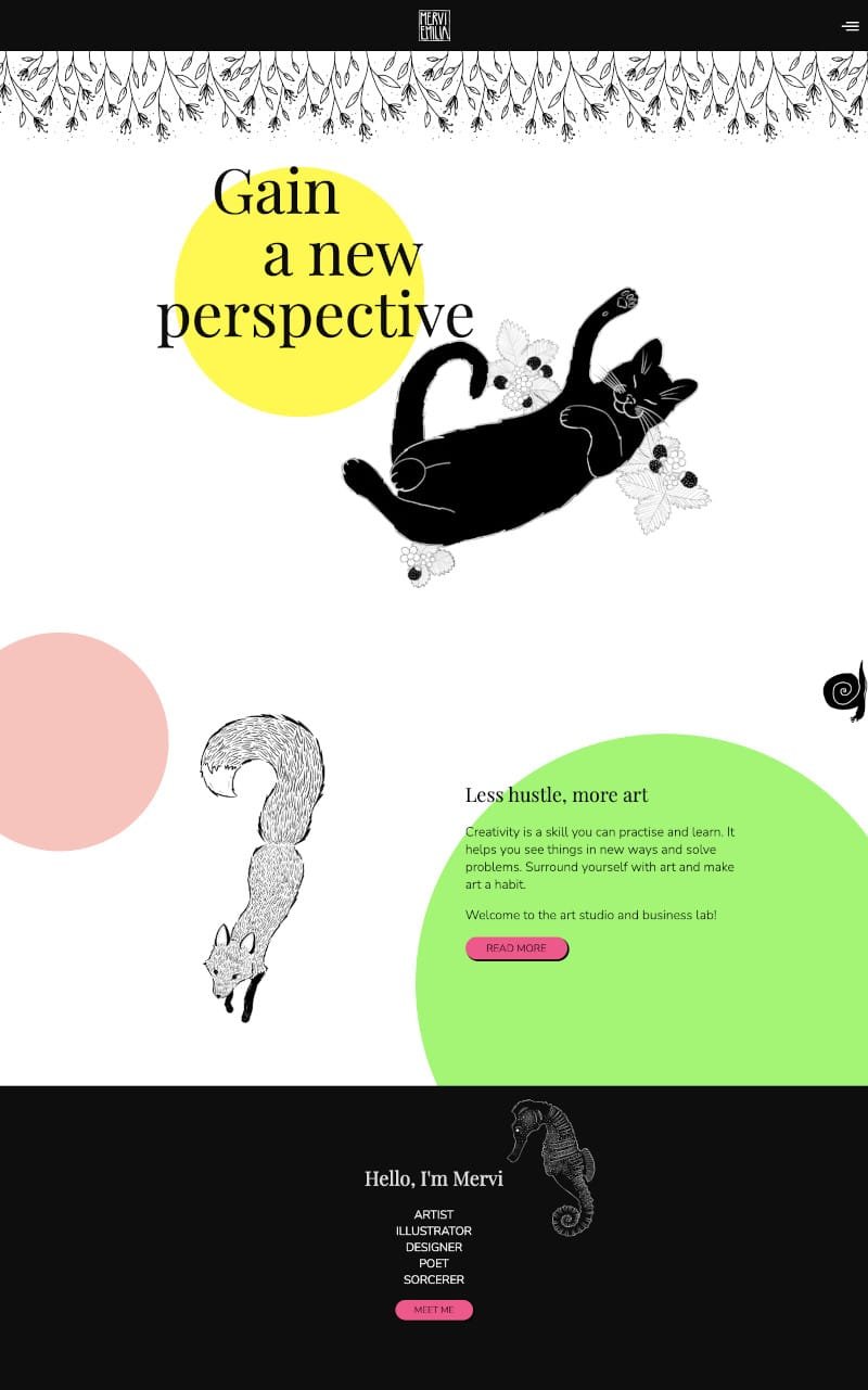 A screenshot of the old merviemilia.com design with lots of black and white graphic elements, a cat line drawing, big lettered "Gain a new perspective" and the old colours including bright neon yellow and bright neon green, a fox line drawing and simple text