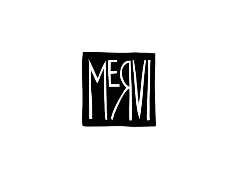 The new Mervi logo in black as described above, with capital letters, carved stamp look and small capital E and R flipped backwards