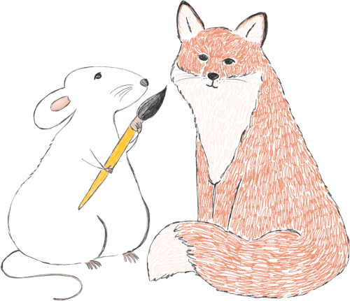An illustration of a white mouse with pink tail and paws and insides of ears holding a yellow paint brush and an illustration of an orange and white fox sitting and looking at you contently