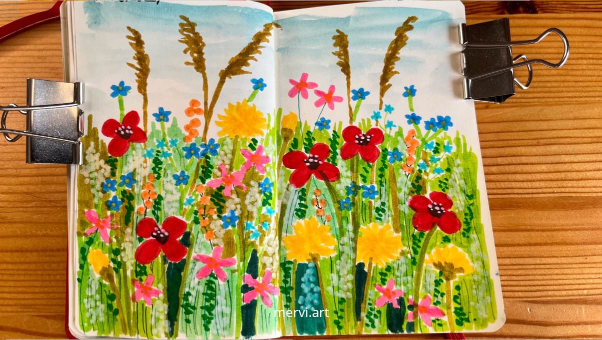 A photo of an open sketchbook on a wooden table featuring a mixed media drawing of a meadow of colourful flowers, green stuff and hay