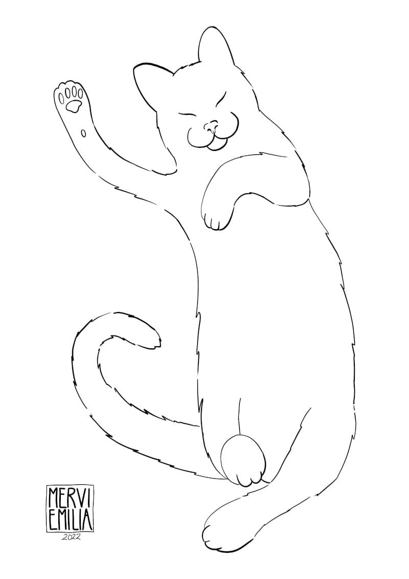 Pencil sketch of a happy black cat laying on its back with one front paw stretched out as if it's waving by Mervi Emilia Eskelinen