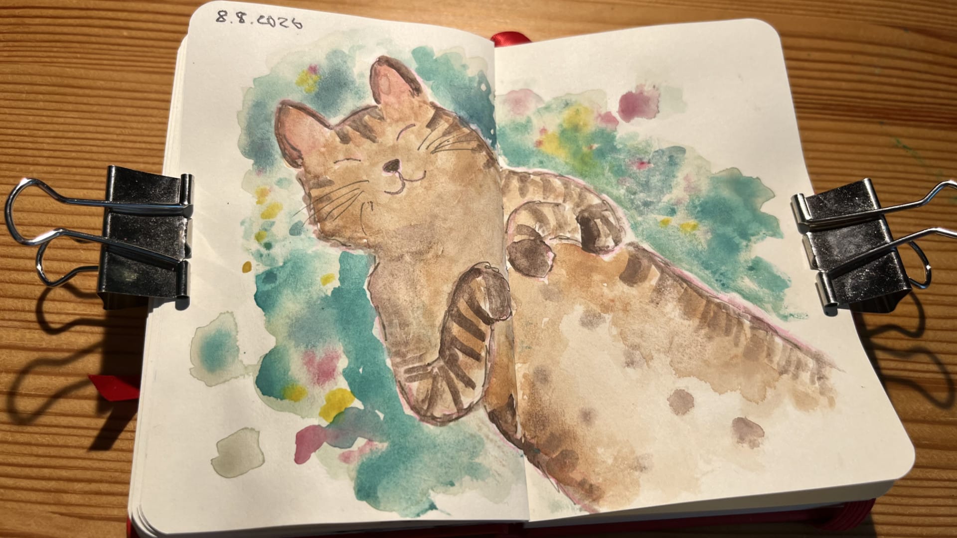 Photo of an open sketchbook with a watercolour and fine liner drawing and painting of a happy brown tabby cat laying on its back with closed eyes and curled front paws on green, red and yellow splotty watercolour background. The sketchbook is on a wooden table and the artwork is dated 8.8.2026.