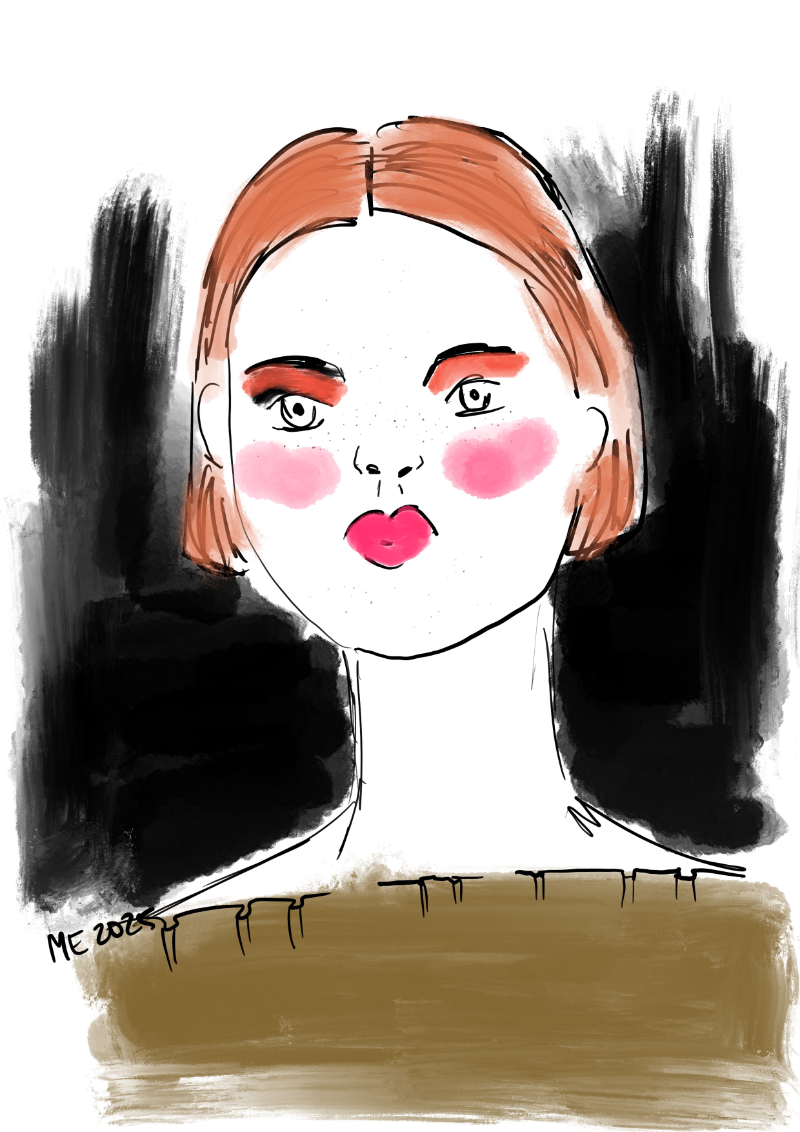 A simplified fashion style portrait of a woman with orange hair and freckles, red lipstick and cheecks, and orange eyeshadow, wearing a green off-shoulder shirt with a ink style background by Mervi Eskelinen