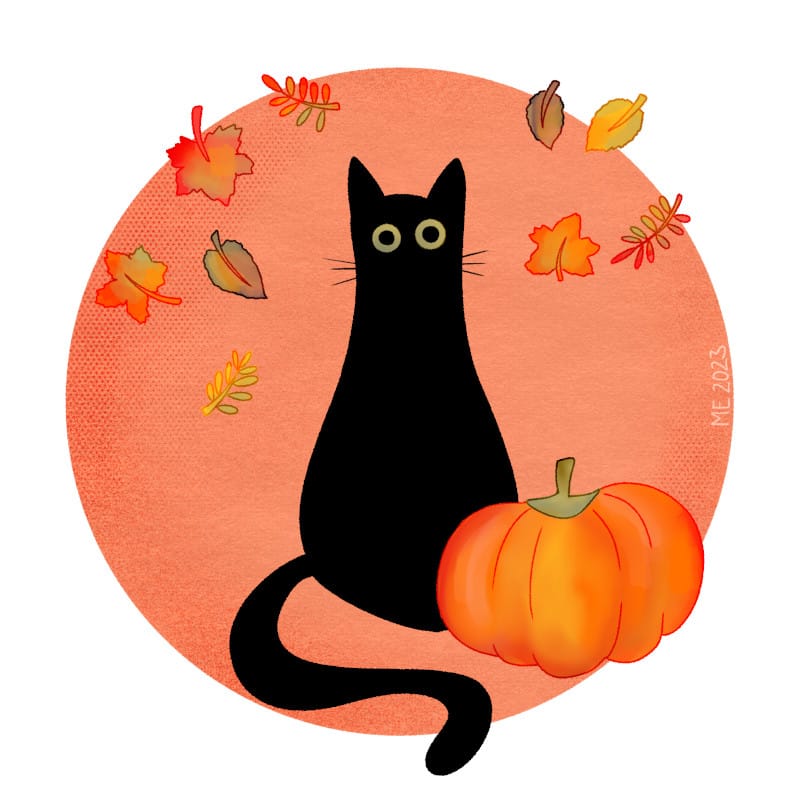 An illustration of a black blob cat with big round green eyes and an orange pumpkin on an orange, softly textured background with a few falling autumn leaves by Mervi Emilia Eskelinen
