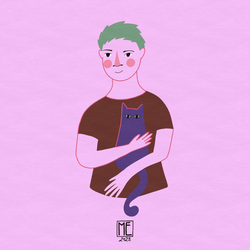 Buddies, illustration of a happy looking person with light purple skin, green spiky hair, pink cheeks and brown t-shirt holding a black, clearly unimpressed cat in their arms on a light purple background by Mervi Emilia Eskelinen
