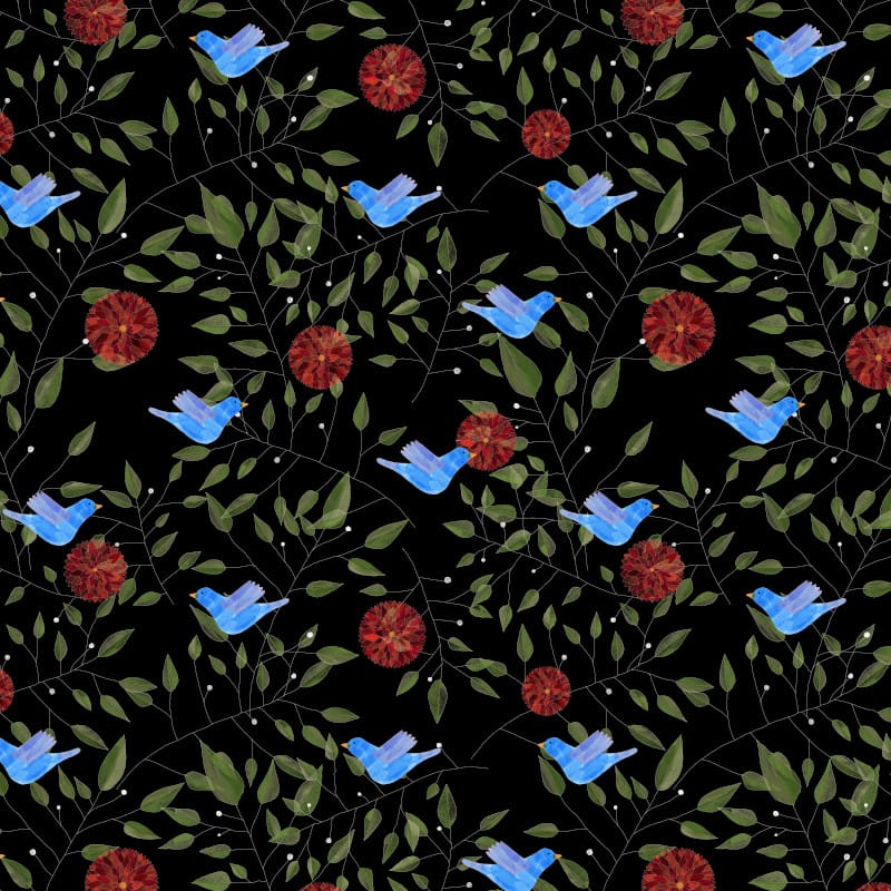 Blue Bird Paradise, an illustrated pattern of blue pirds surrounded by green branches and leaves and red flowers on a black background by Mervi Emilia Eskelinen