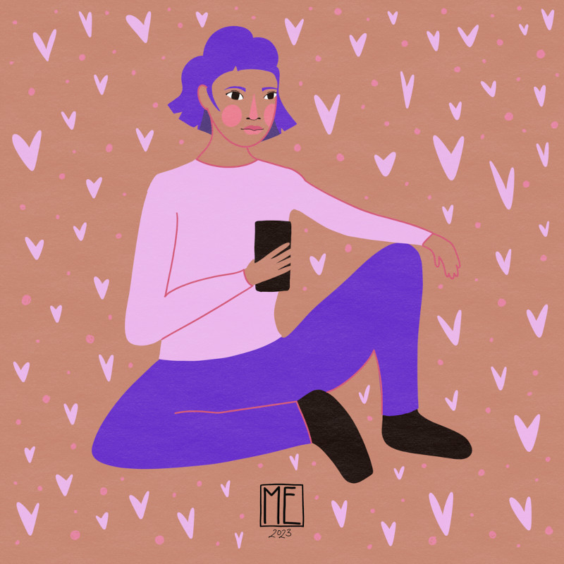 Phoning In, illustration of a person with light brown skin, light pink cheeks and purple bob hair wearing light purple shirt, purple pants and black shoes sitting on a floor holding a phone in their right hand and resting their left hand on their left knee on a light brown background with light purple hearts and light pink dots by Mervi Emilia Eskelinen