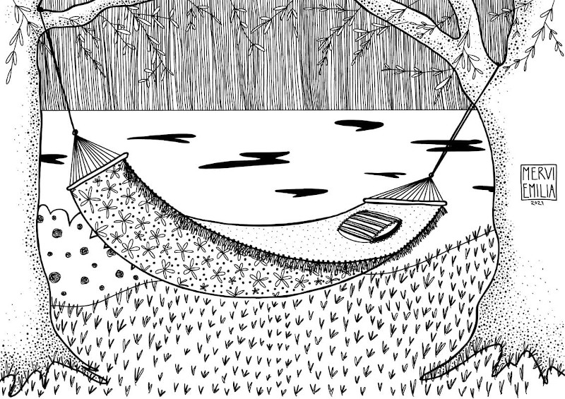 A Place In The Sun, black and white line drawing style illustration of a flower patterned hammock in between two trees over grass and rose bush before a lake by Mervi Emilia Eskelinen by Mervi Emilia Eskelinen