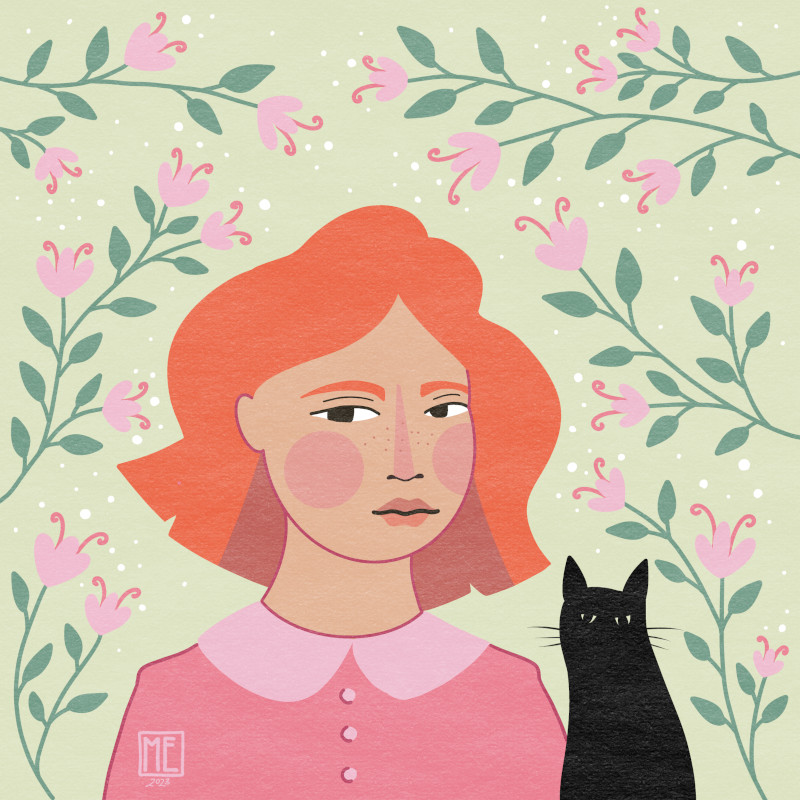 Pretty In Pink, illustration of a slightly tan person looking at you a bit suspiciously with orange bob hair wearing a pink collared shirt with a black cat (also looking at you suspiciously) surrounded by pink flowers with green stems and leaves on a green background by Mervi Emilia Eskelinen