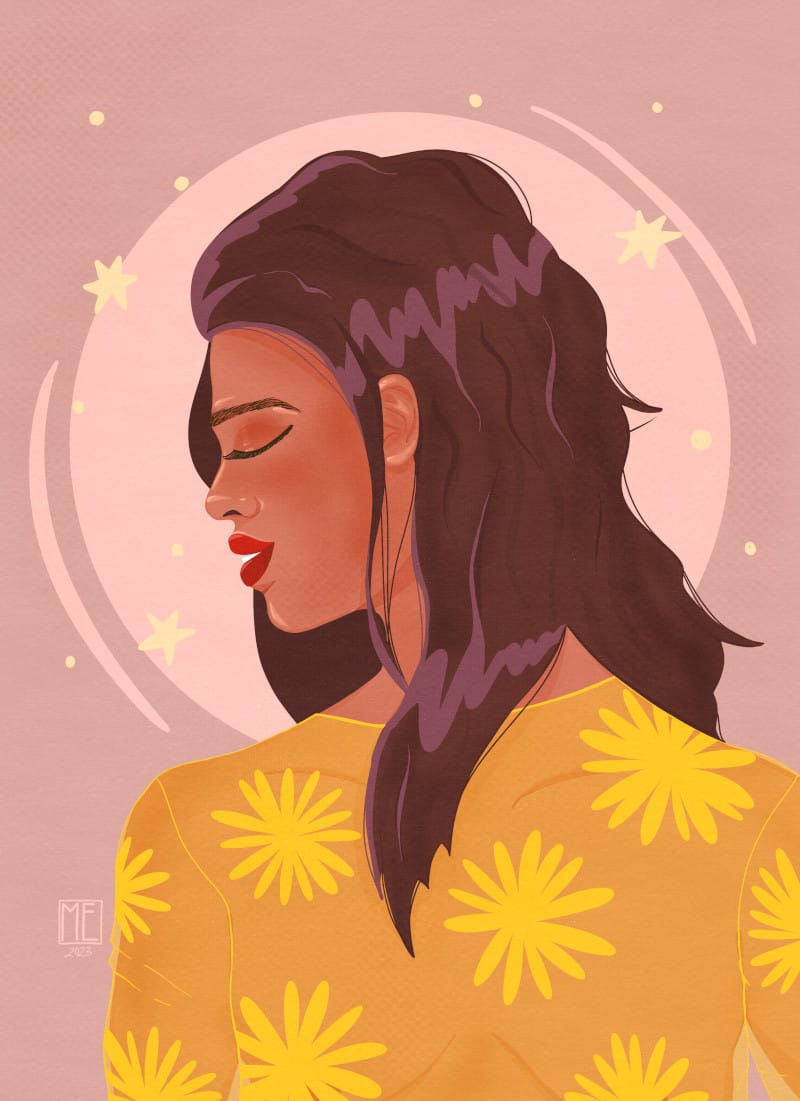 An artwork of a brown skinned woman with big brown, slightly messy hair facing down and towards left of the image with eyes closed, wearing a yellow see through shirt with big yellow flowers on it on a beige-y pink background with a lighter circular shape, and pale yellow stars and dots on it by Mervi Emilia Eskelinen