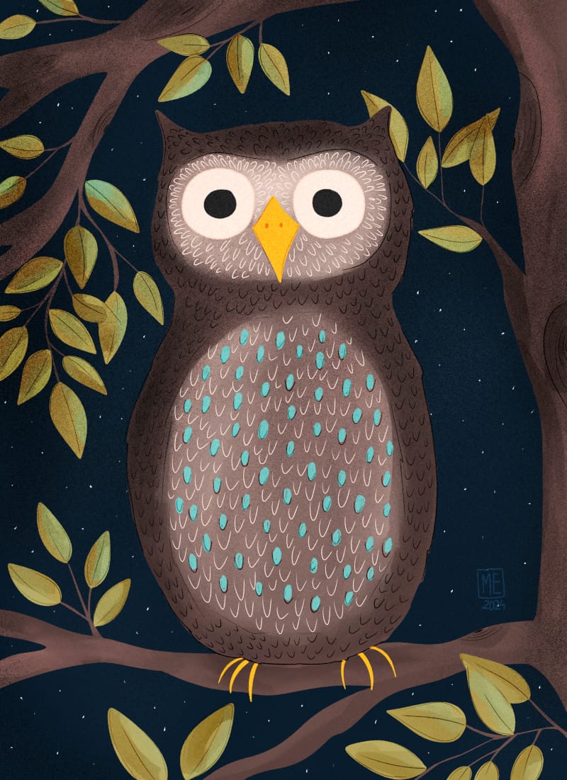 An illustration of a brown owl with teal feathers on its chest surrounded by branches with green leaves on them in front a dark blue sky with white dot stars by Mervi Eskelinen